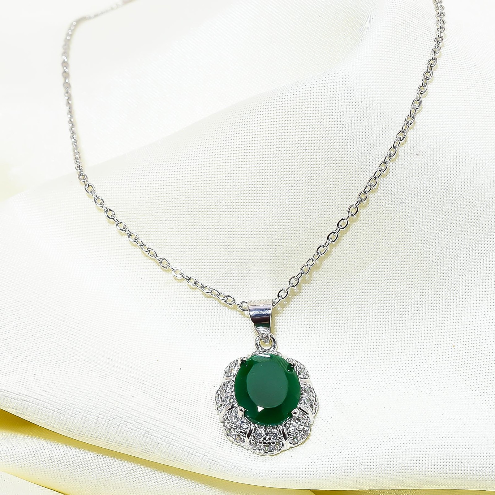 Emerald Simulated & Cz 925 Sterling Silver Pendant With Chain 18-20″ CP153930