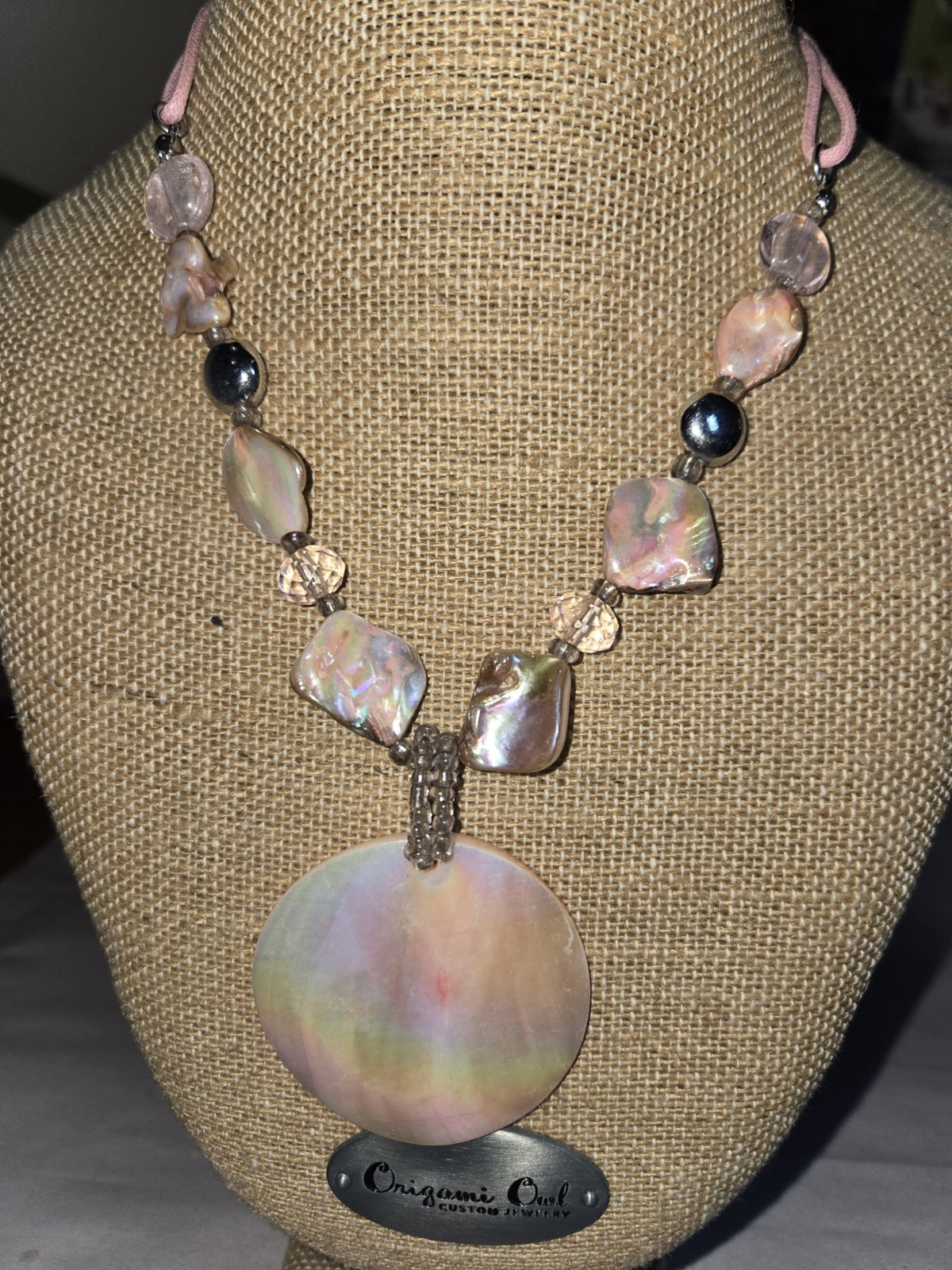 Origami Owl pastel mother-of-pearl shell pendant necklace And Pink Cords