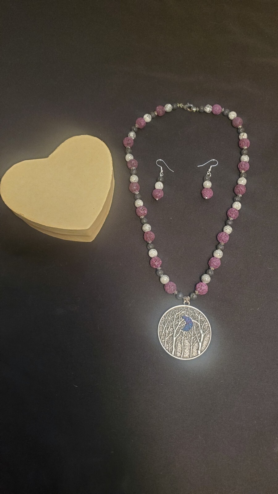 Handmade Womens Necklace Set Semi Precious Moon And Trees Pendant 20″ Total