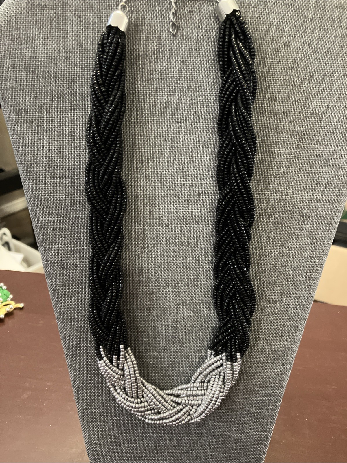 Handmade Black Silver Beaded Necklace Braided Multi Strand Chunky Statement Boho