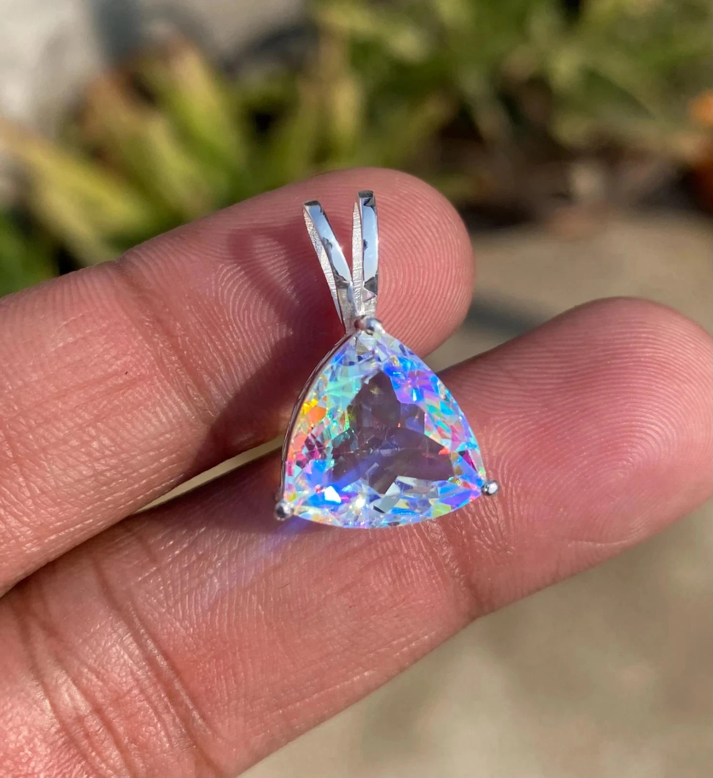 Magical Trillion Cut Mystic Topaz 35 Ct Sterling Silver Rainbow Pendant Gemstone