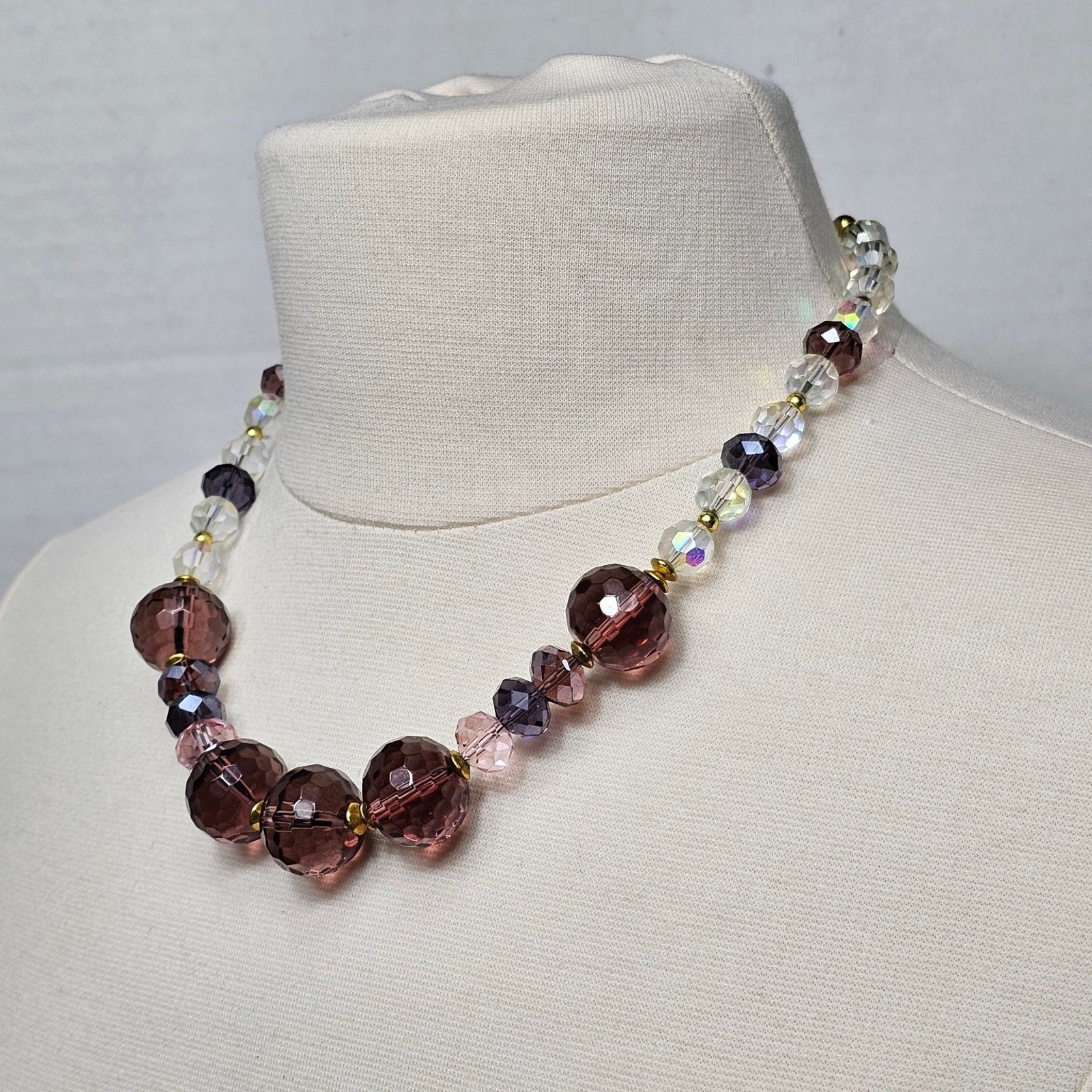 Vintage Faceted Glass Crystal Bead Necklace Purple Pink AB Coated Clear 18-20 in