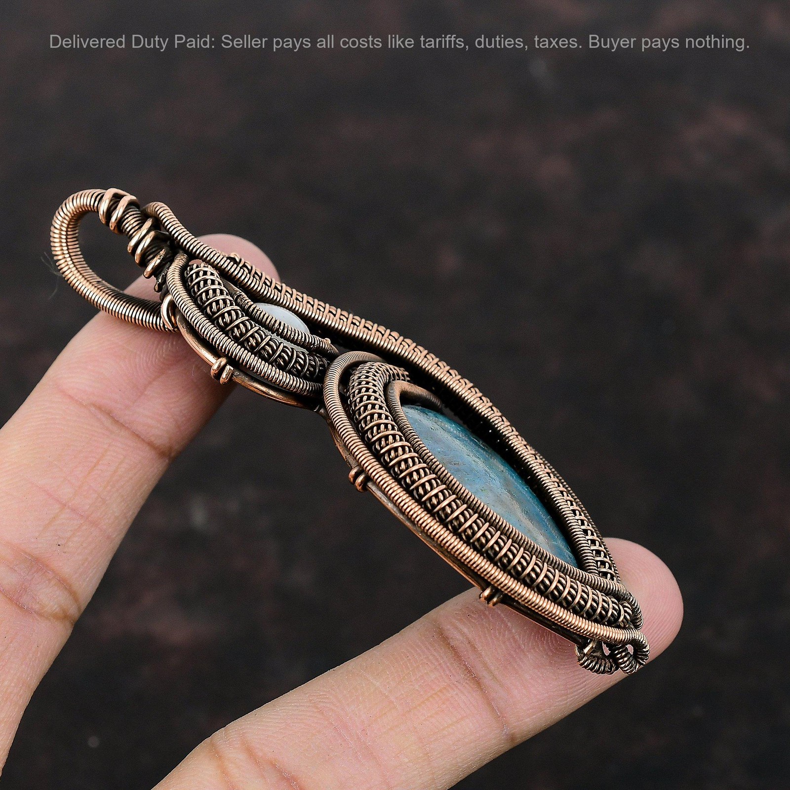 Copper Pear Natural Neon Apatite Rainbow Moonstone Elegant Wire Wrapped Pendant