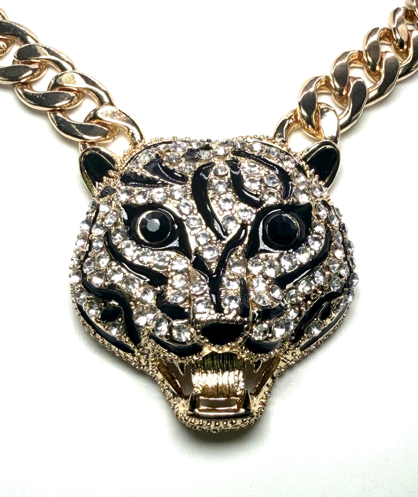 Natasha Leopard Panther Necklace Gold Tone Rhinestone Black Enamel Statement