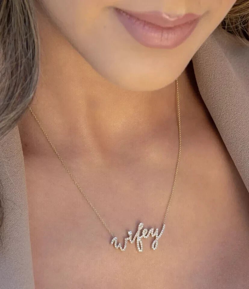 2Ct Round Cut Simulated Diamond Cursive Wifey Pendant In 14k White Gold Plated