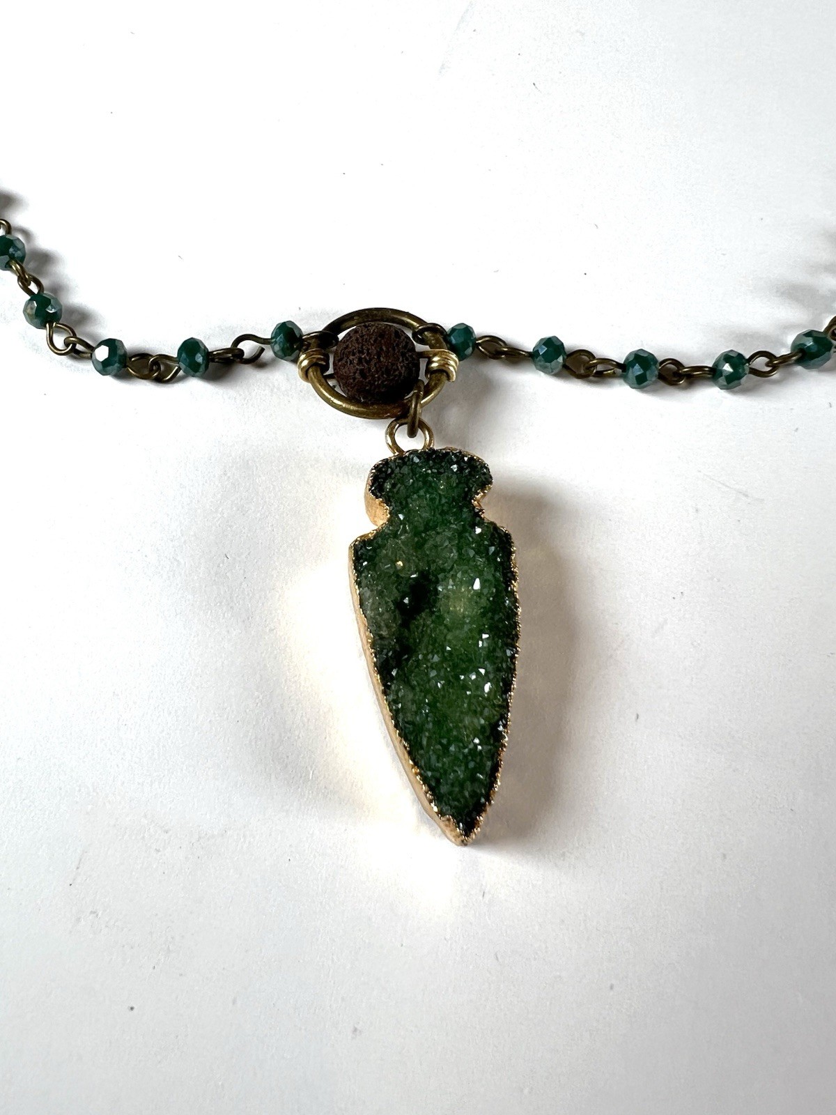 Green Druzy Arrowhead Shaped Pendant Necklace Lava Rock & Beaded Chain
