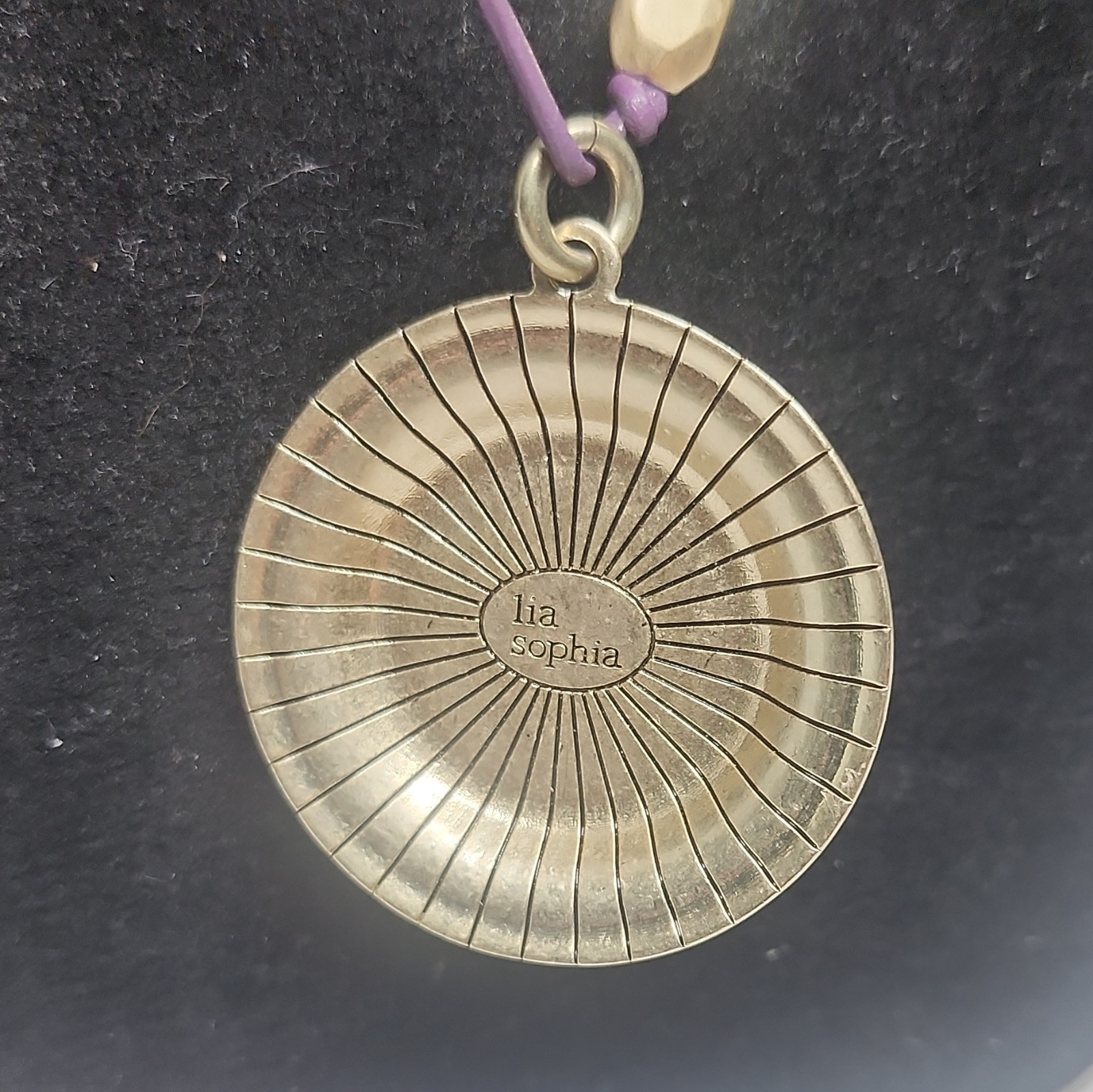 Lia Sophia Purple Cord Beaded Necklace Round Pendant Blue Square Stone Signed