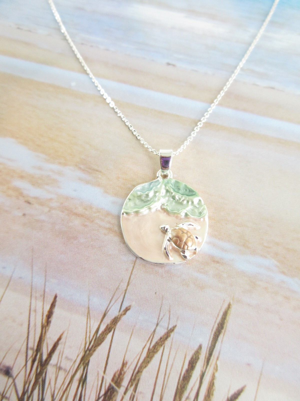 Beach Sea Turtle Necklace Pendant Silver Chain Summer Jewelry Ocean Scene Charm