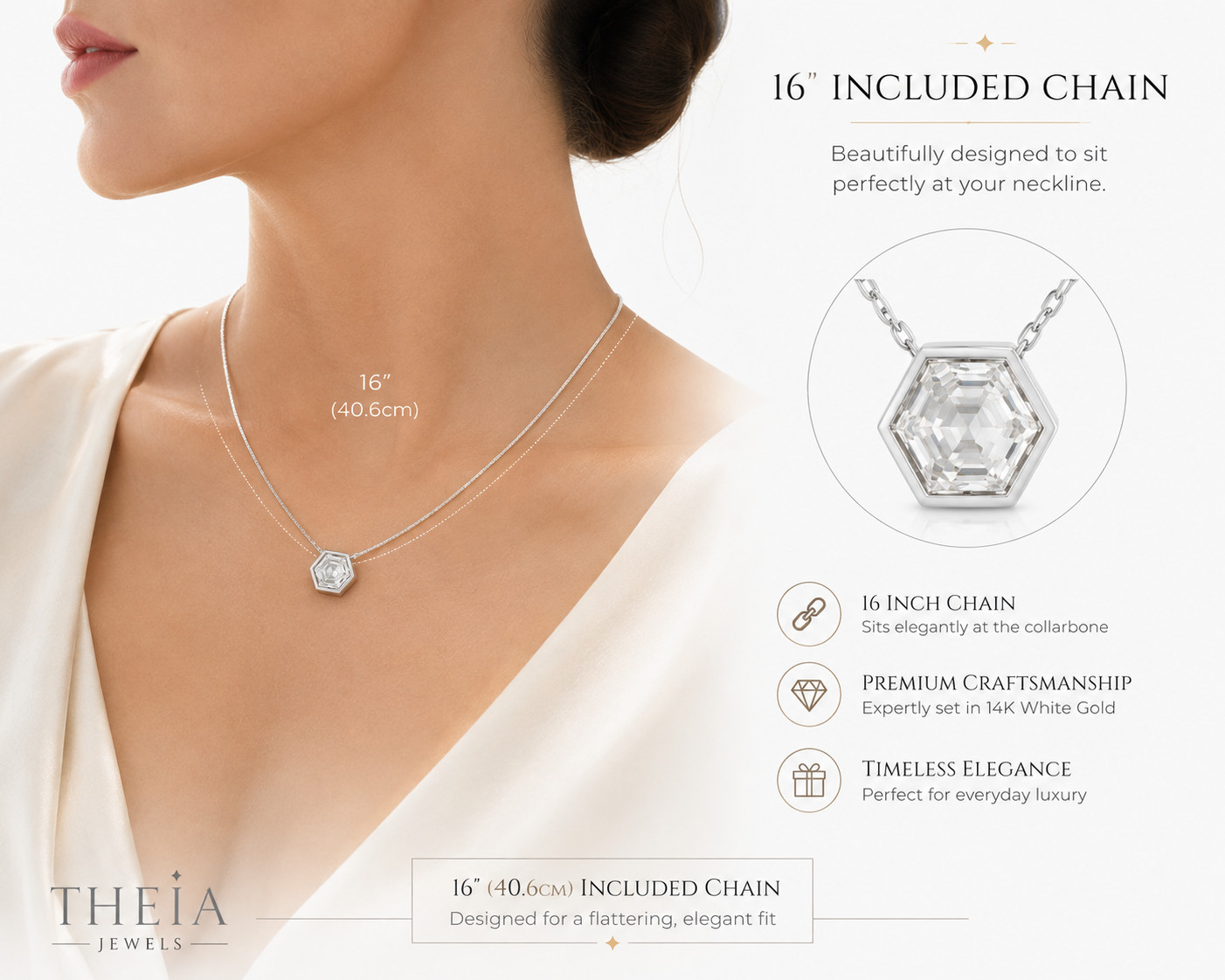 1.03 CT Hexagon Lab Grown Diamond Pendant Necklace 14K White Gold Bezel VS1