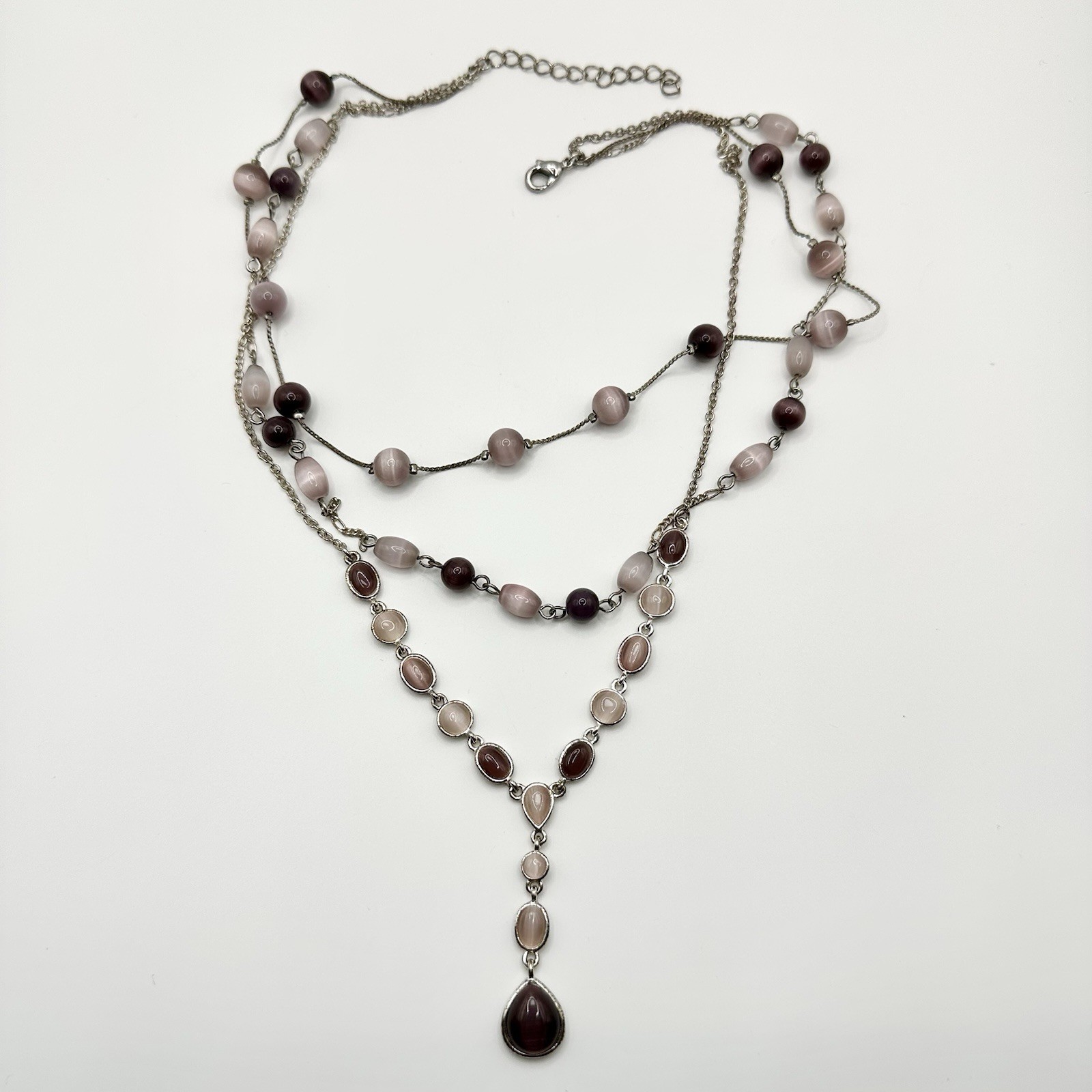 Purple Glass Cats Eye Necklace Silver Tone Layered Multi Strand 16-18”