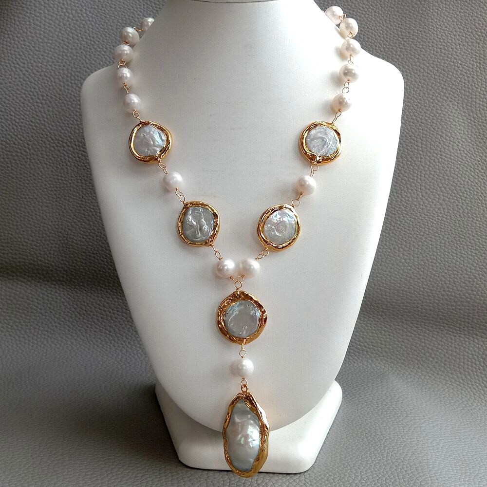 Cultured White Coin Pearl Potato Pearl Y-Drop Necklace Keshi pearl Pendant 20″