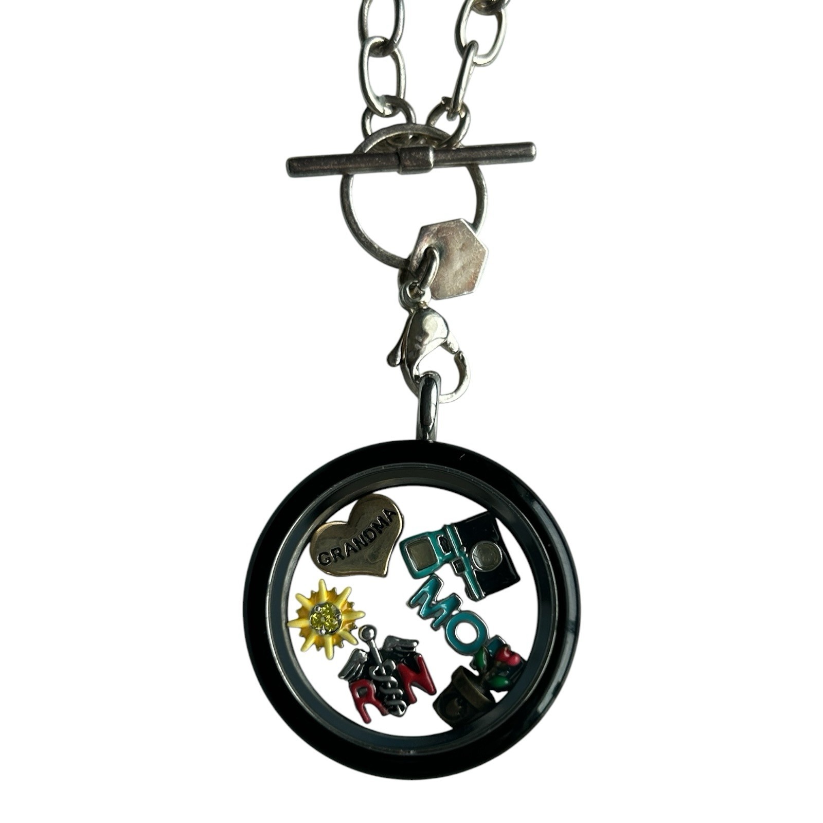 Origami Owl Floating Locket Necklace Charms Silver-Tone Toggle 24″