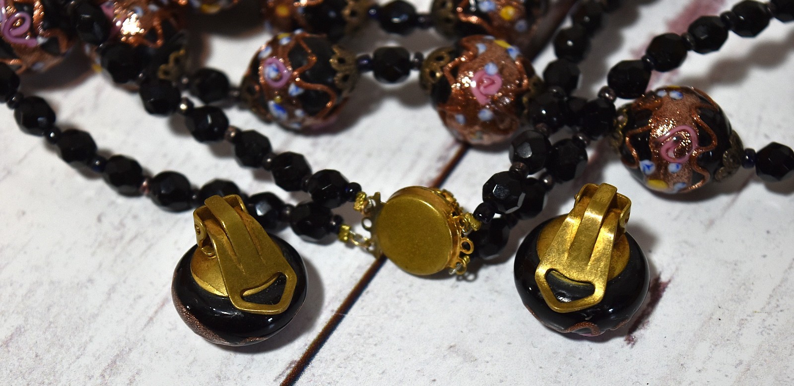Vtg 2 Strand Venetian Murano Black Wedding Cake Glass Beaded Necklace Earrings