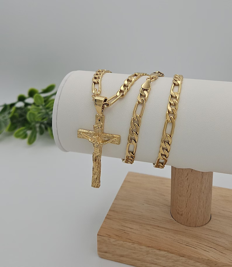 Gold Crucifix Necklace for Men, 6mm Round Figaro Chain, 14K Heavy Plated Gold