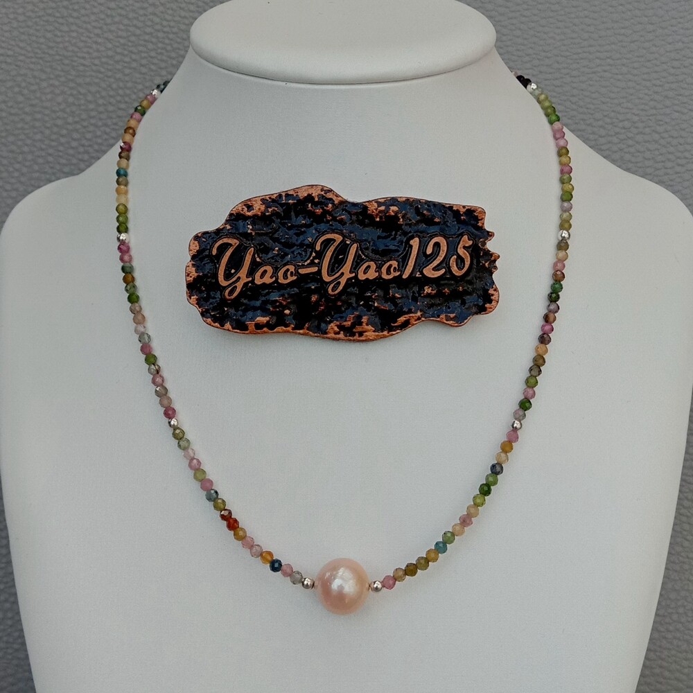 Natural Multi Color Tourmaline Pink keshi Pearl Choker Necklace silver clasp