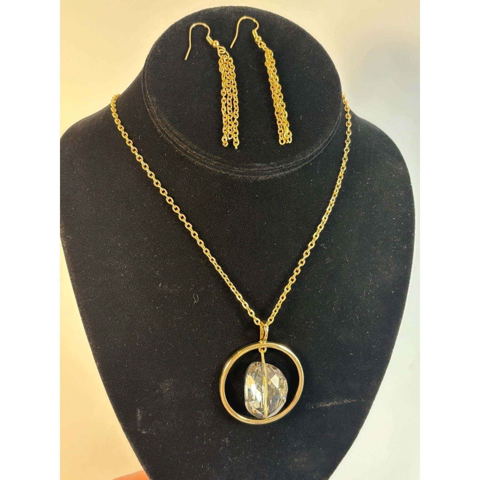 Necklace Lot Gold Tone Hoop and Bead Pendant Matching Chain Dangle Earrings
