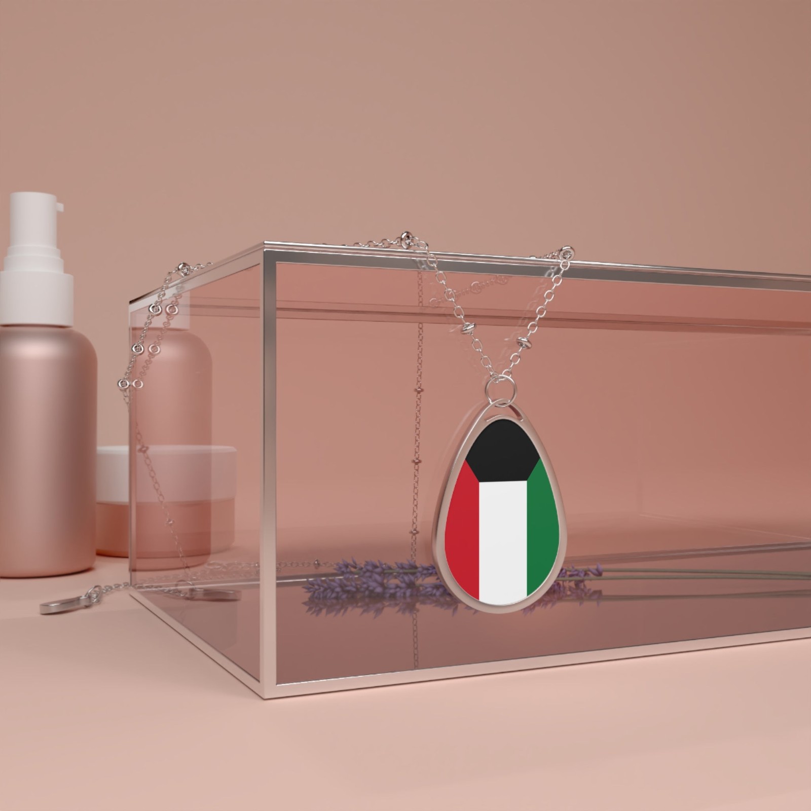 Kuwait Flag Oval Necklace – Kuwaiti Heritage Pendant – One Size / Silver