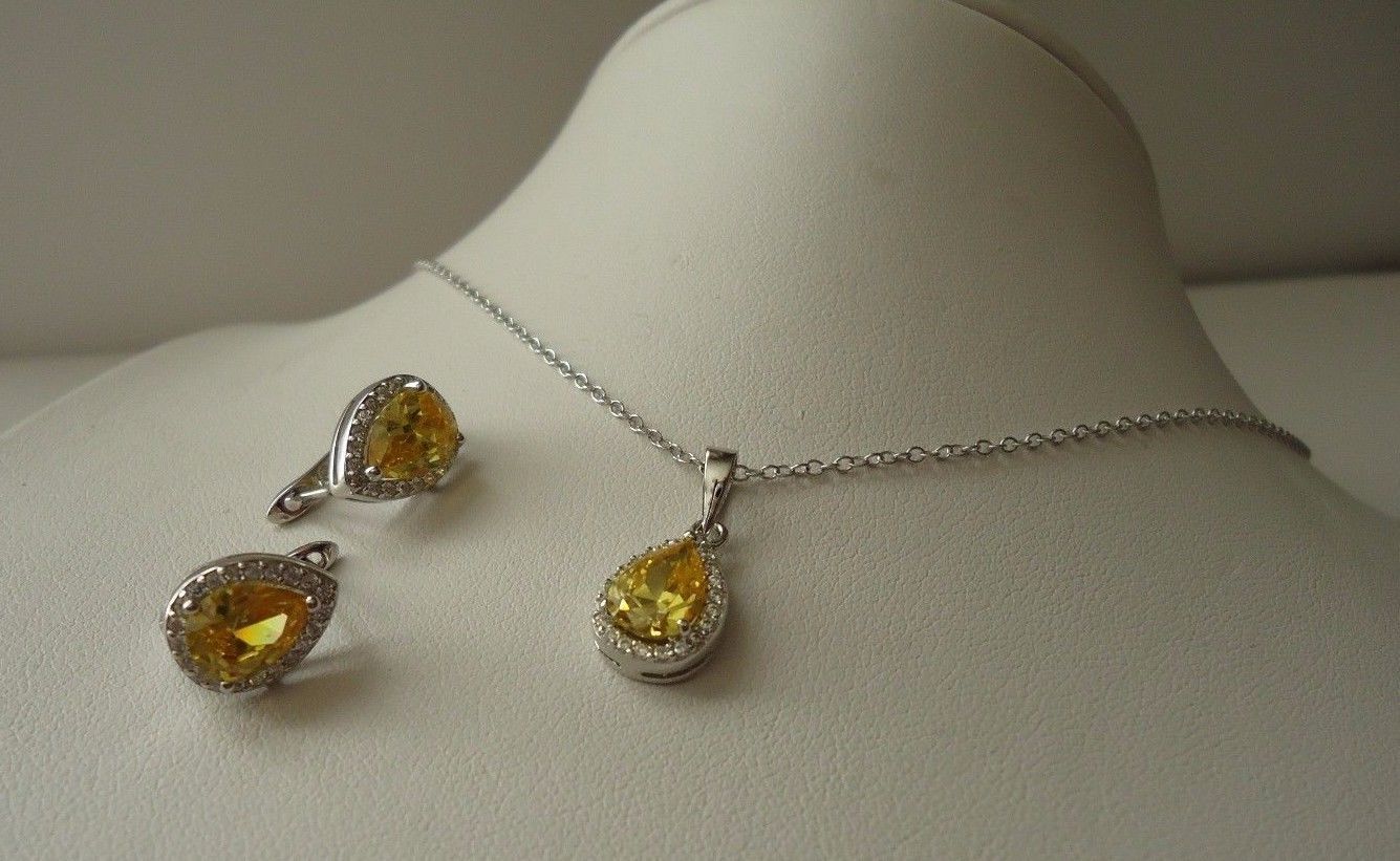 PENDANT & EARRING SET W/ 7.20 CT YELLOW / WHITE ACCENTS /925 STERLING SILVER