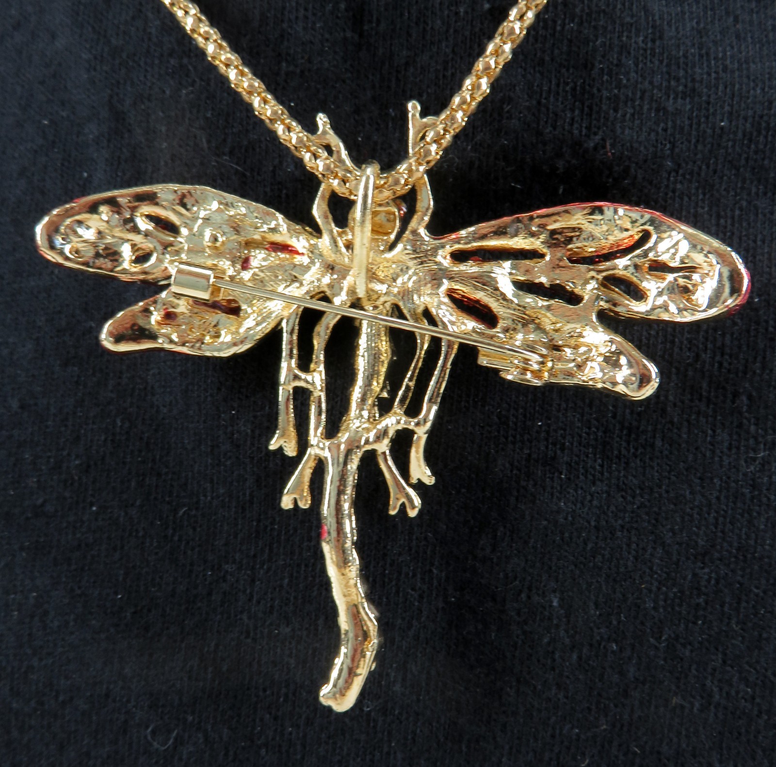 NWT-Betsey Johnson Red Crystal Dragonfly Pendant Brooch on Goldtone Necklace