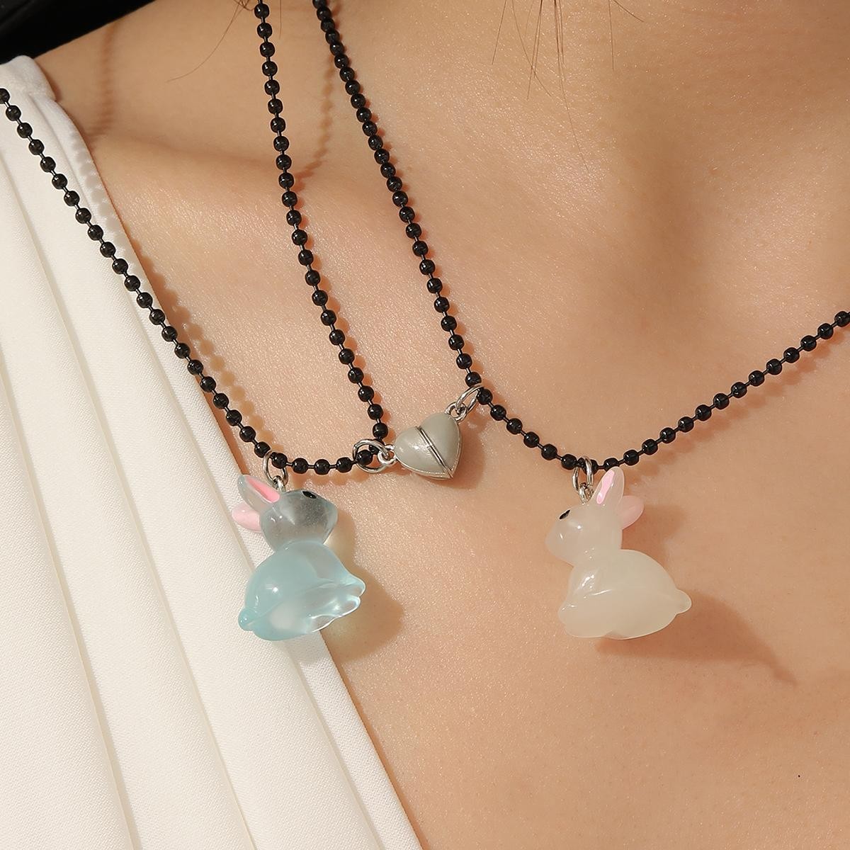 Glow Heart Rabbit Couple Necklace Blue White Pendant Black Bead Chain Gift