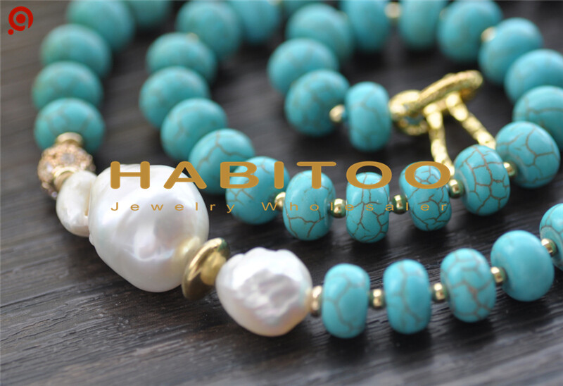 25″ 24mm Baroque White Keshi Pearl Rondelle Turquoise CZ Bead Necklace