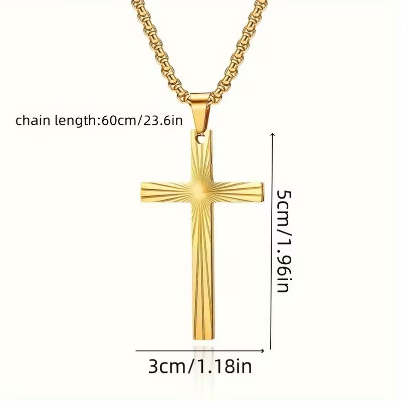 Gold Christian Cross Pendant Necklace Sunburst Etched Chain Faith Jewelry Gift
