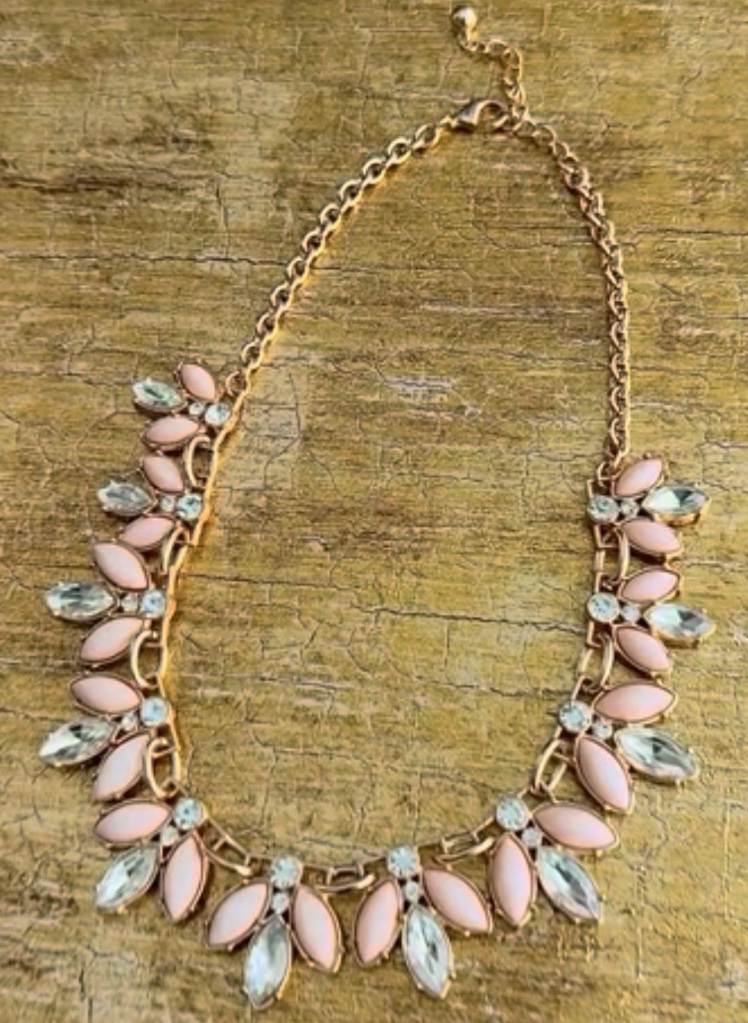 VTG Czech Peach Navette Acrylic Gold Tone Crystal CZ Teardrop Necklace Long