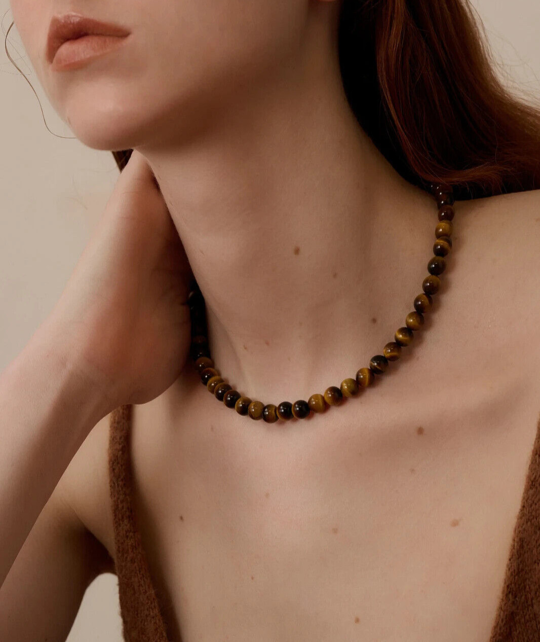 Natural Tiger Eye 8Mm Round Beaded Healing Protection Women Dainty Boho Necklace