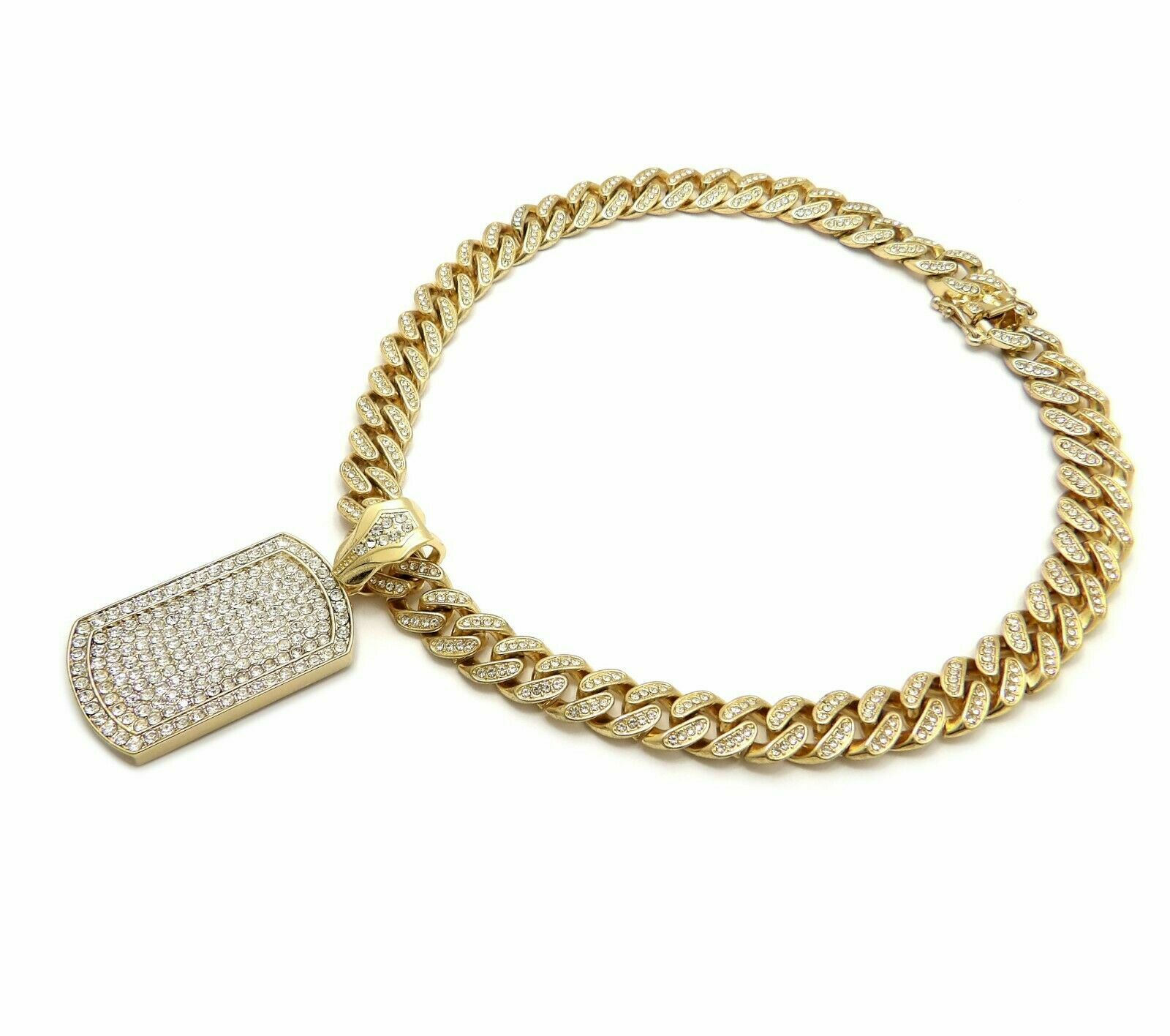 Hip Hop Dog Tag pendant & 18″ Box Lock Iced Miami Cuban Choker Chain Necklace