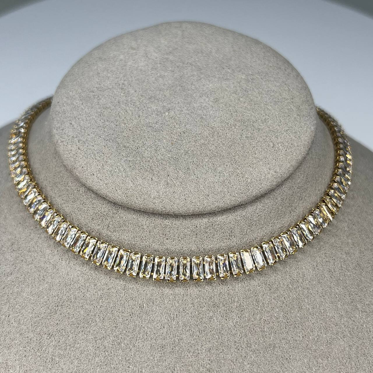Gold Baguette Tennis Necklace Gold Stainless Steel Crystal Choker Necklace
