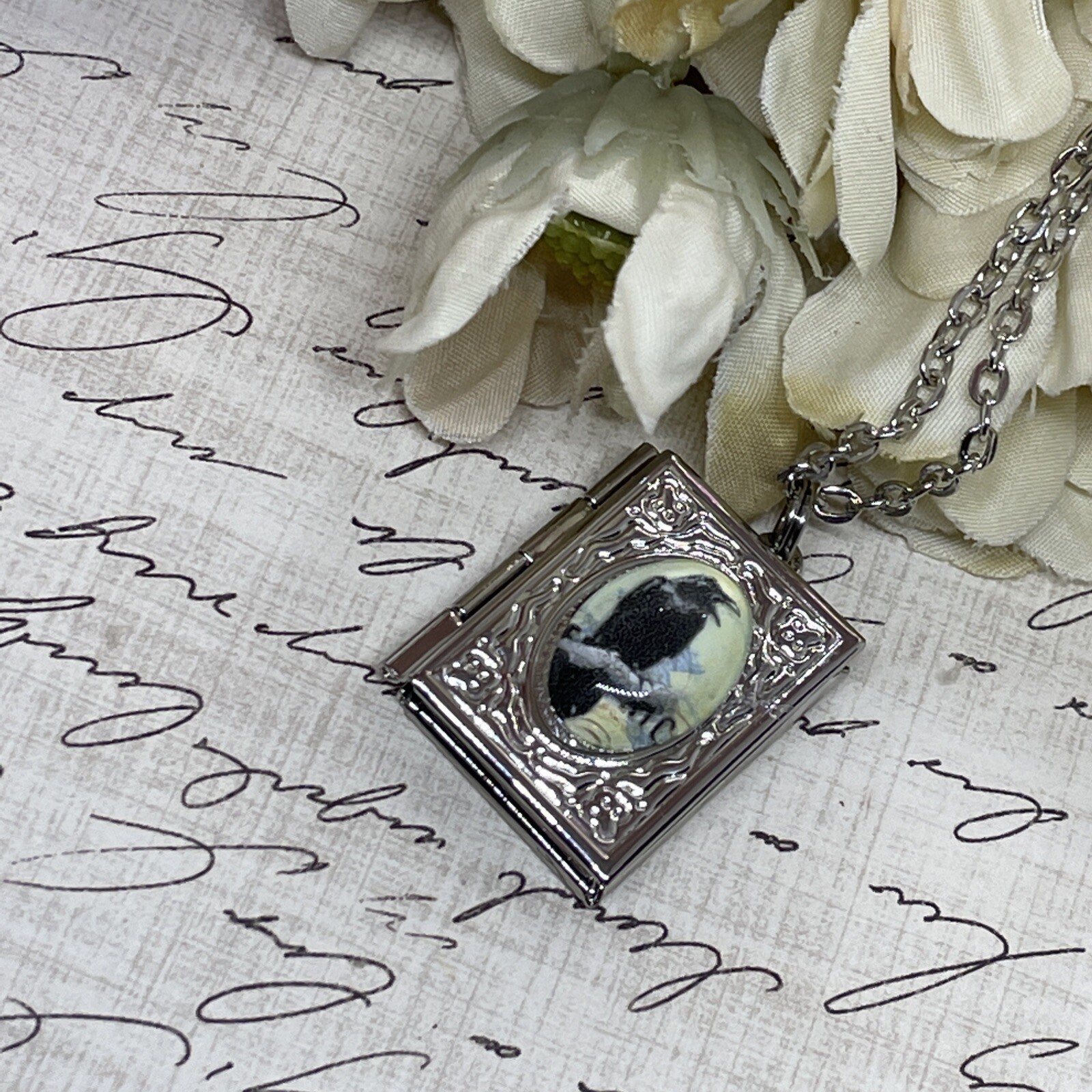 Black Gothic Raven Silver New Pendant Locket Necklace Crow Photo Book birthday