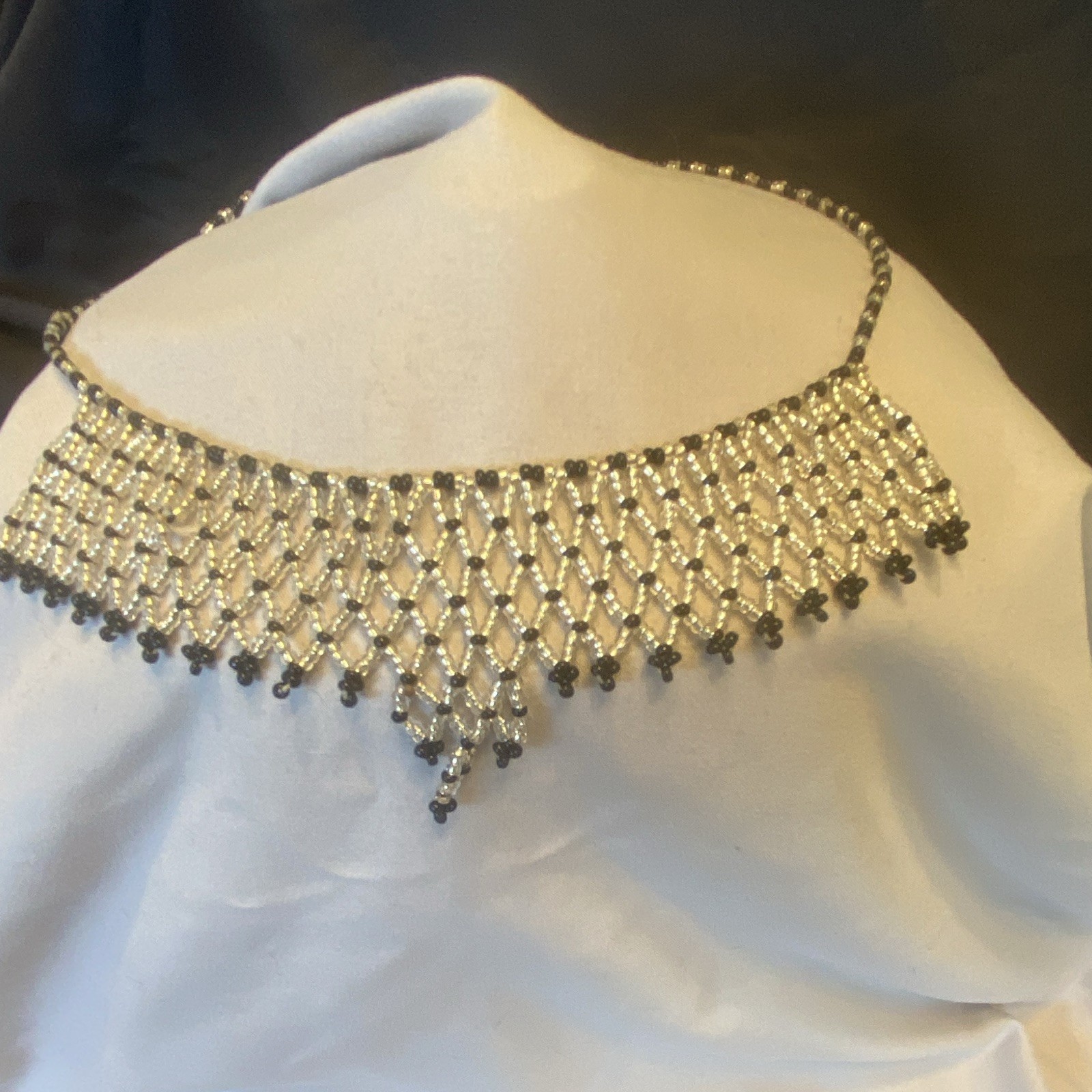 Black & Silver Beaded Crystal Bib Choker Necklace Ball/Bead Chain Barrel Clasp