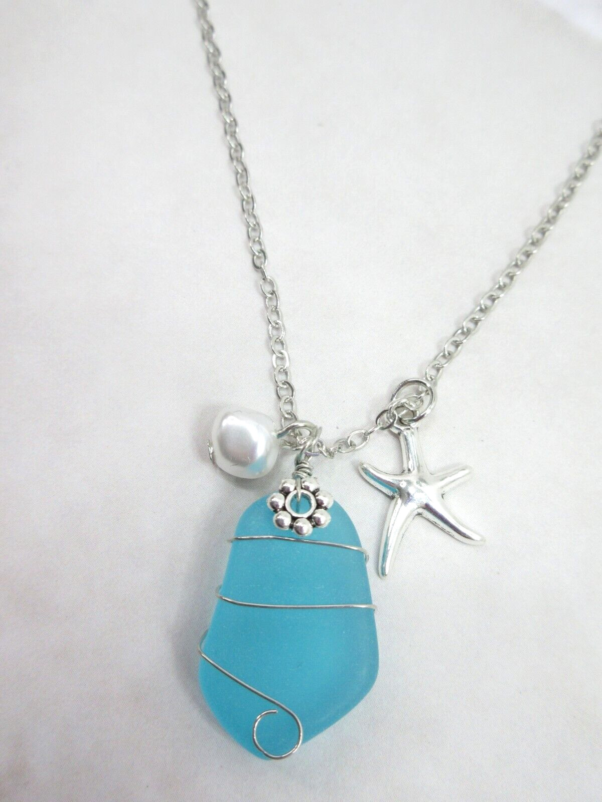 Beach Sea Glass Necklace Blue Silver Starfish Pearl Charms Turquoise Silver New
