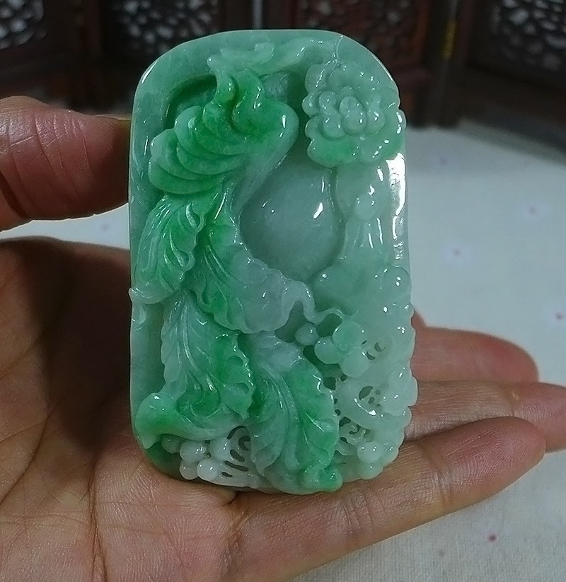 Cer’d Natural Type A Green Jadeite Jade Phoenix Kwan-yin Flower Pendant 8649