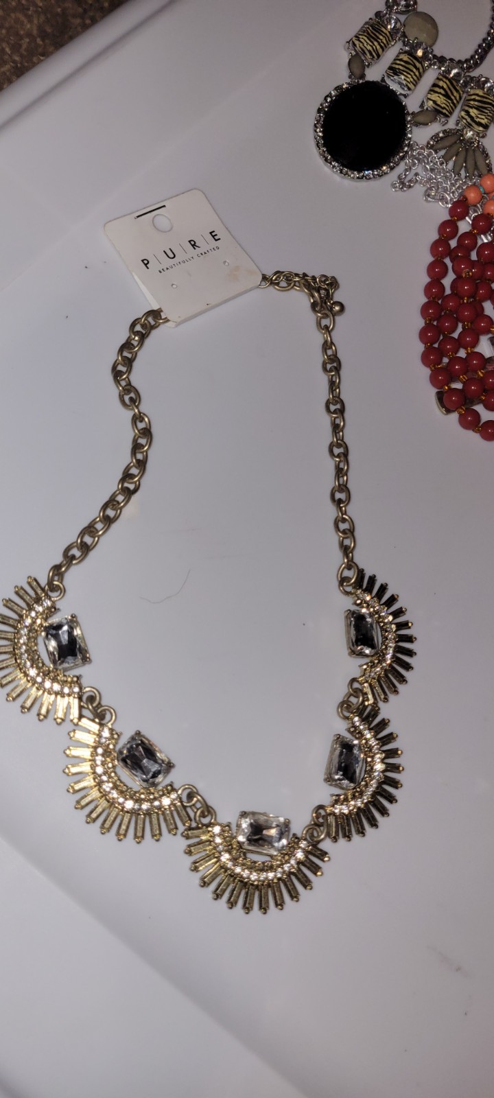 PURÉ Gold Tone Statement Bib Necklace Clear Crystal Rhinestones Lobster Clasp