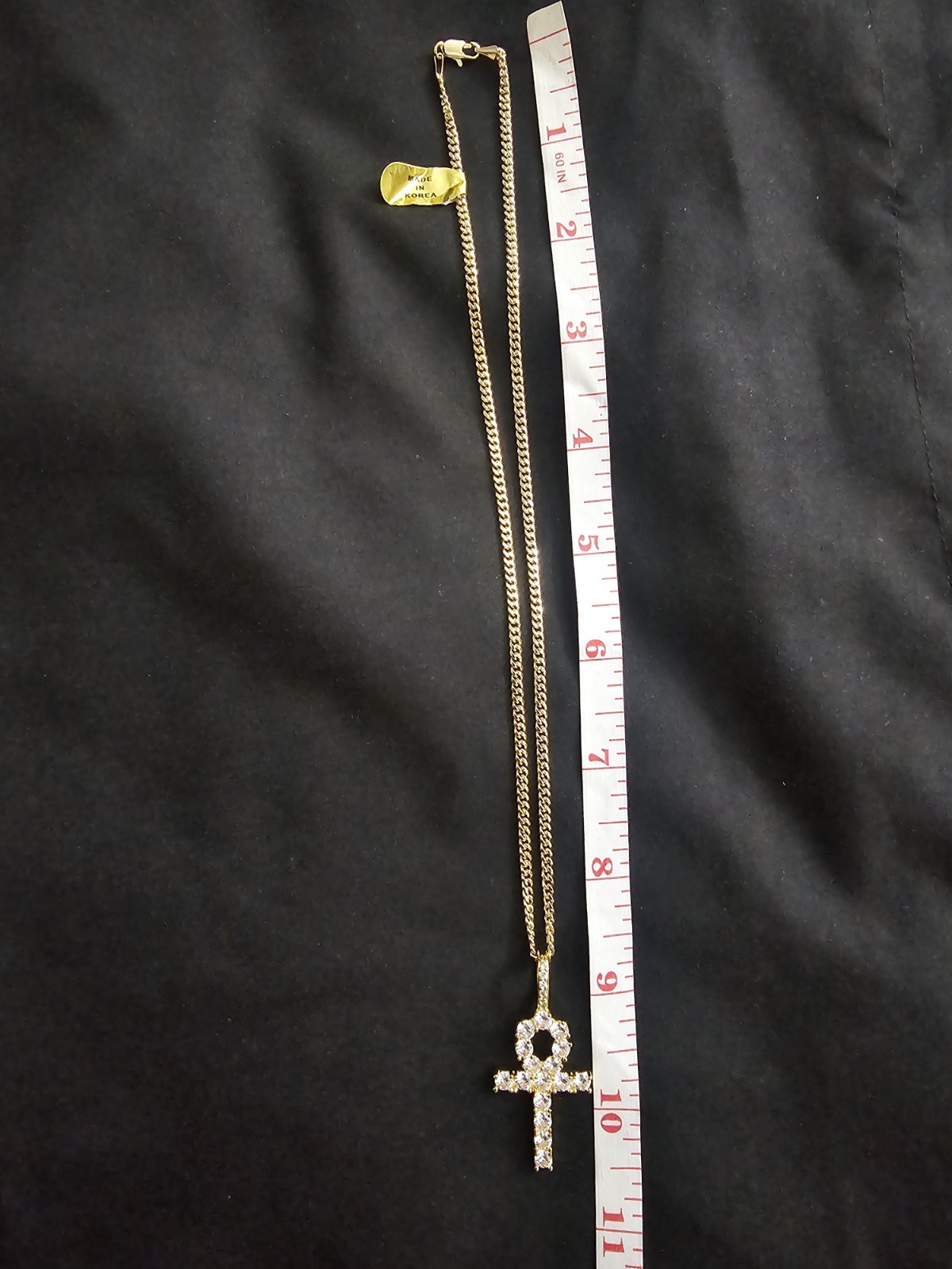 18in. 14k Gold-Plated brass-1.4mm skinny Cuban Link chain w/Ankh Cross CZ Charm