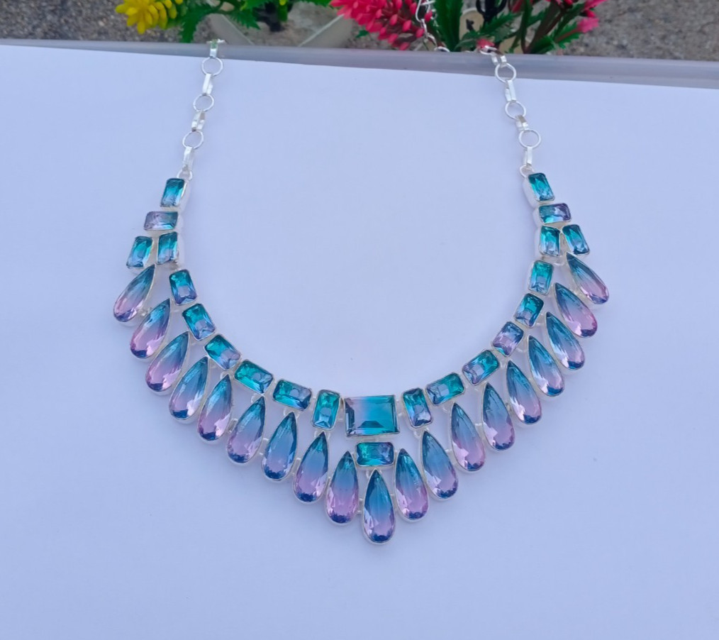 Beautiful Bi-Color Gemstone 925 silver Handmade Adjustable Necklace Jewelry