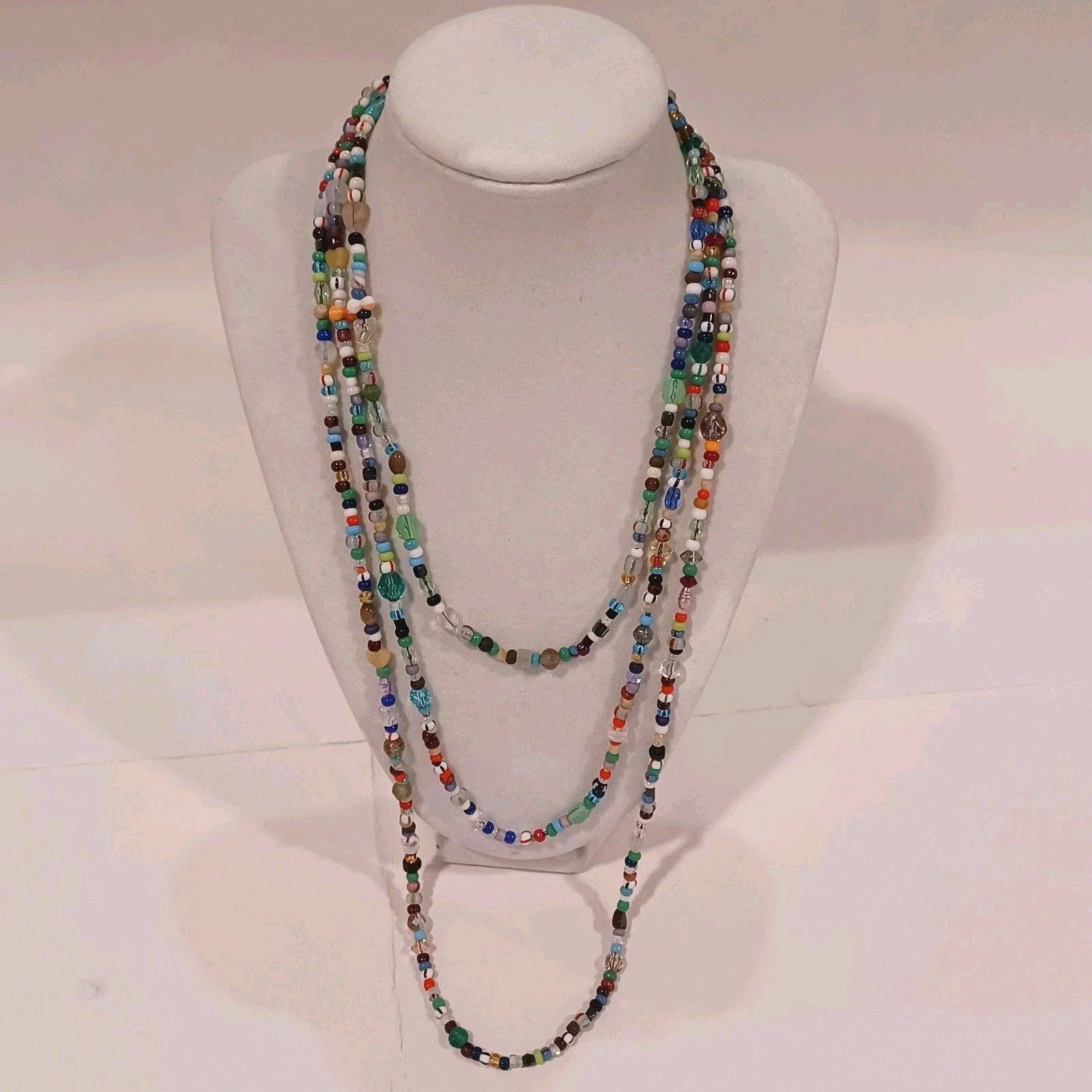 Long Glass Beaded Necklace 34″ Colorful 100s Of Glass Beads Round Hearts Oval