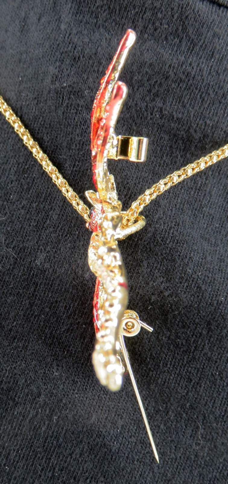 NWT-Betsey Johnson Red Crystal Dragonfly Pendant Brooch on Goldtone Necklace