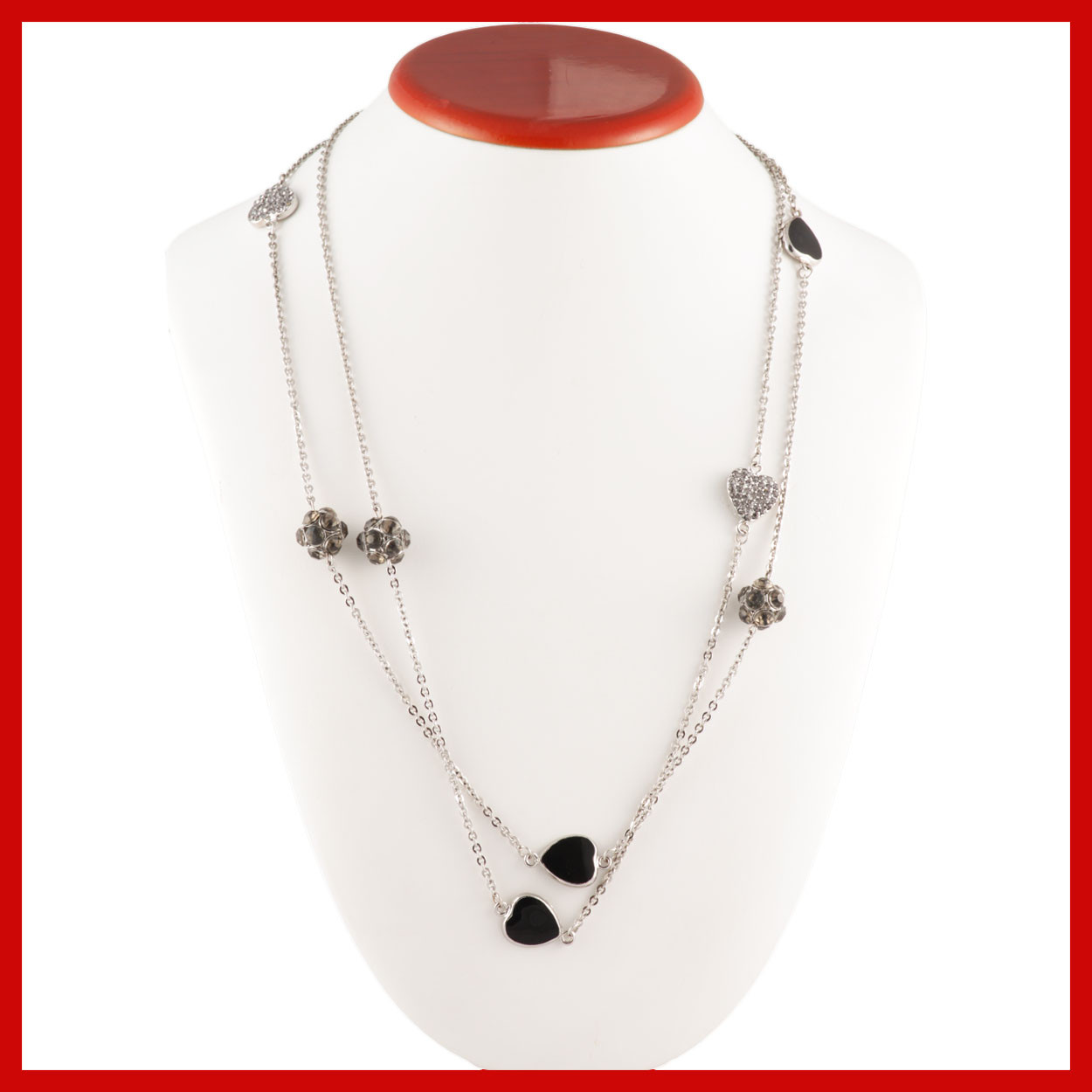 Black Heart Grey Crystal Rhinestone Ball Long Silver Chain Fashion Love Necklace