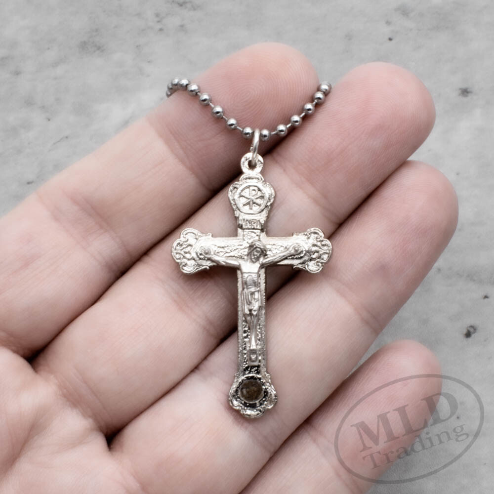 Relic Crucifix Pendant Necklace w Roman Catacombs Dirt Silver Plate Cross Italy