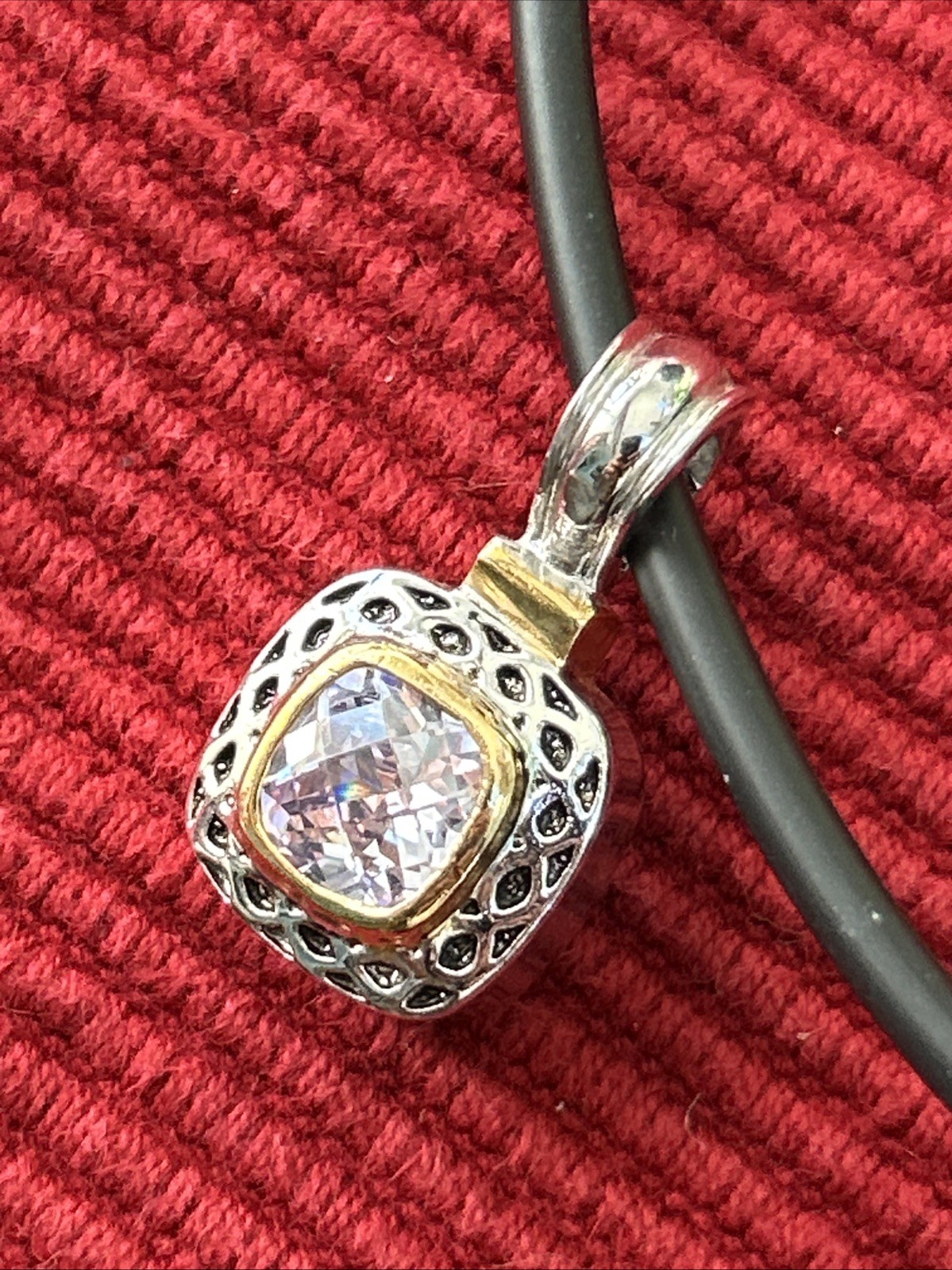 Gold And Silver Tone Square Pink Lab Diamond Pendant Necklace On Black Cord 16”