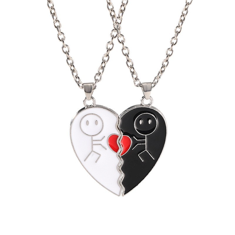 2pcs Magnet Matchstick People Lovers’ Black White Heart Pendant Chain Matching N