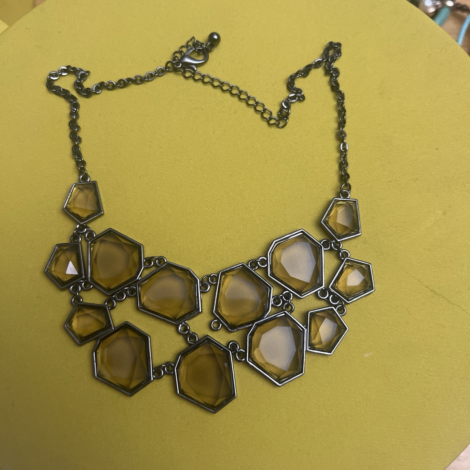 Silver Tone Statement Bib Necklace Yellow Hexagon Glass 11-Stone Adjustable