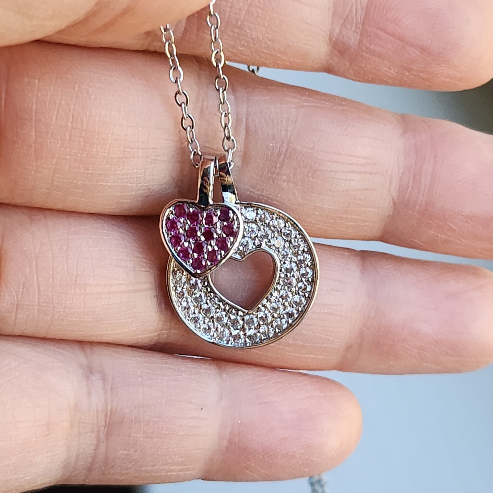 14k White Gold Plated Ruby+Sapphire 2 HEART 23mm Pendant Gemstone free chain