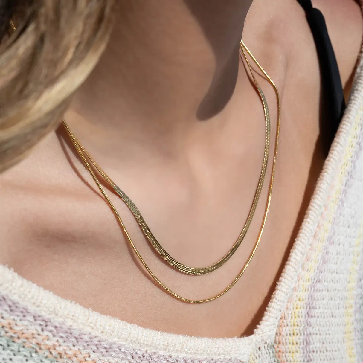 18K Gold Pvd Stainless Steel Herringbone and Snake Layered Chain Necklace