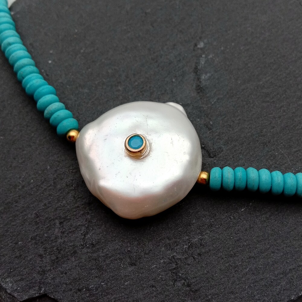 5mm Blue Turquoise Cultured White Coin Pearl Necklace Unique Choker Necklace