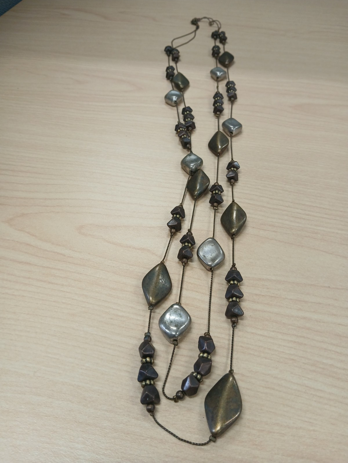 Layered Multi-Strand Beaded Cord Necklace Bronze Silver Black Lobster 36 in