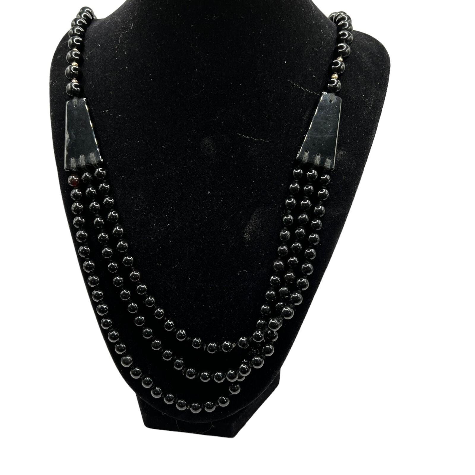 Womens Black Glass Necklace Multi Strand Statement Gold Accent Beads