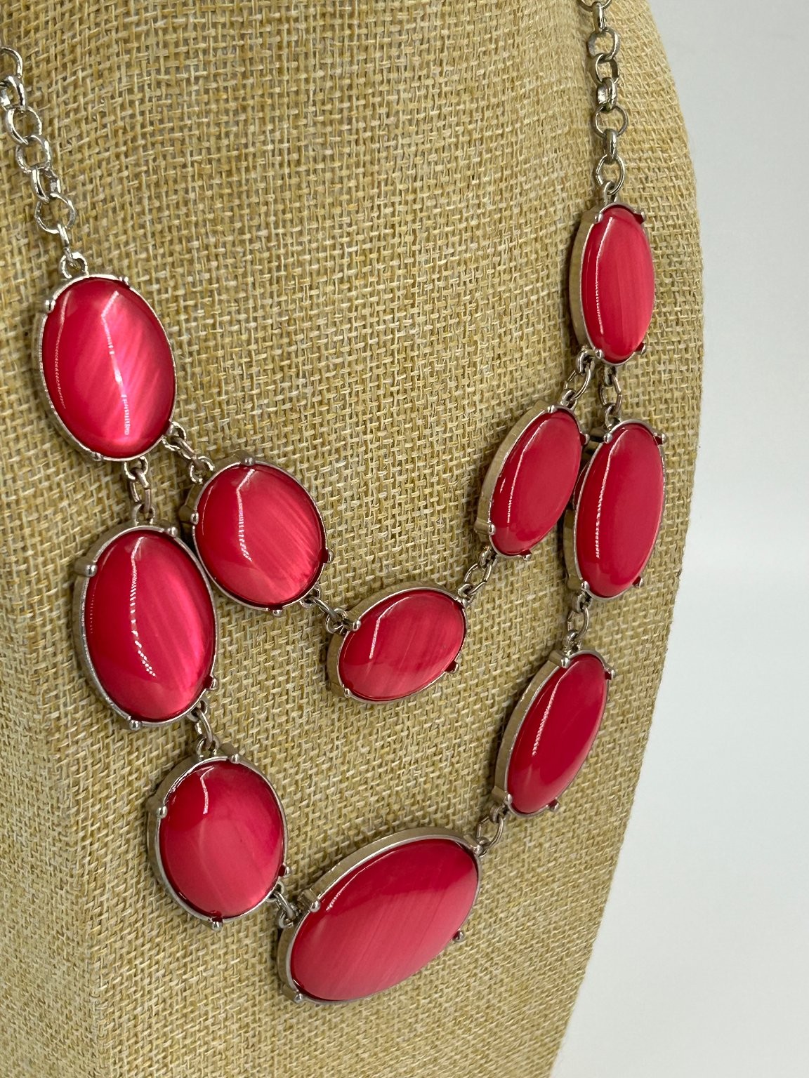 Kim Rogers Pink Oval Statement Necklace Silver Tone 18-20 inch